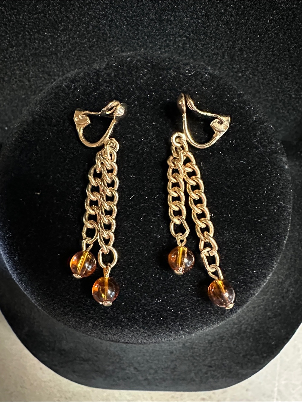 Vintage Sarah Coventry Gold-Tone Chain Drop Clip-On Earrings with Amber Beads